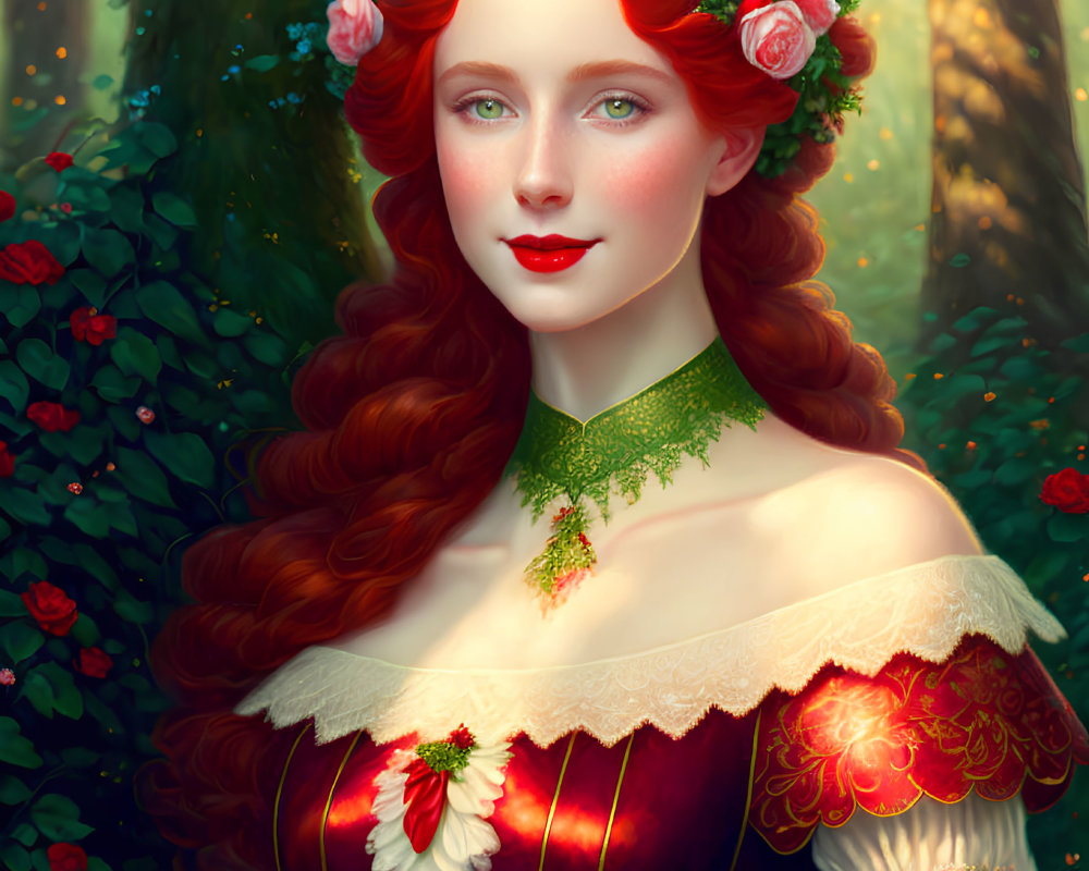 Illustration of woman with red hair, roses, Victorian dress, green choker