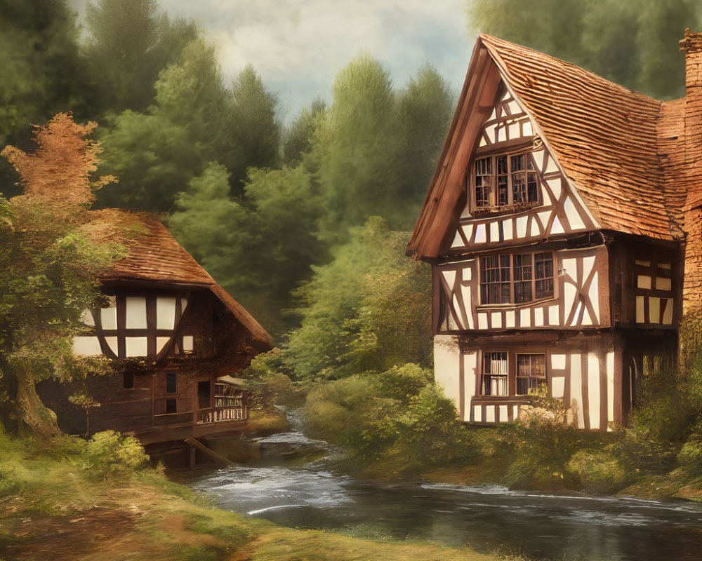 Tranquil scene of half-timbered houses in lush greenery by a stream