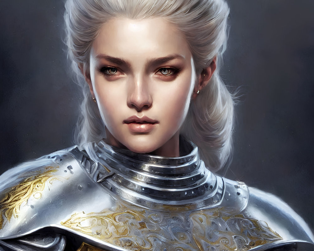 Digital artwork of woman in ornate silver and gold armor with white hair