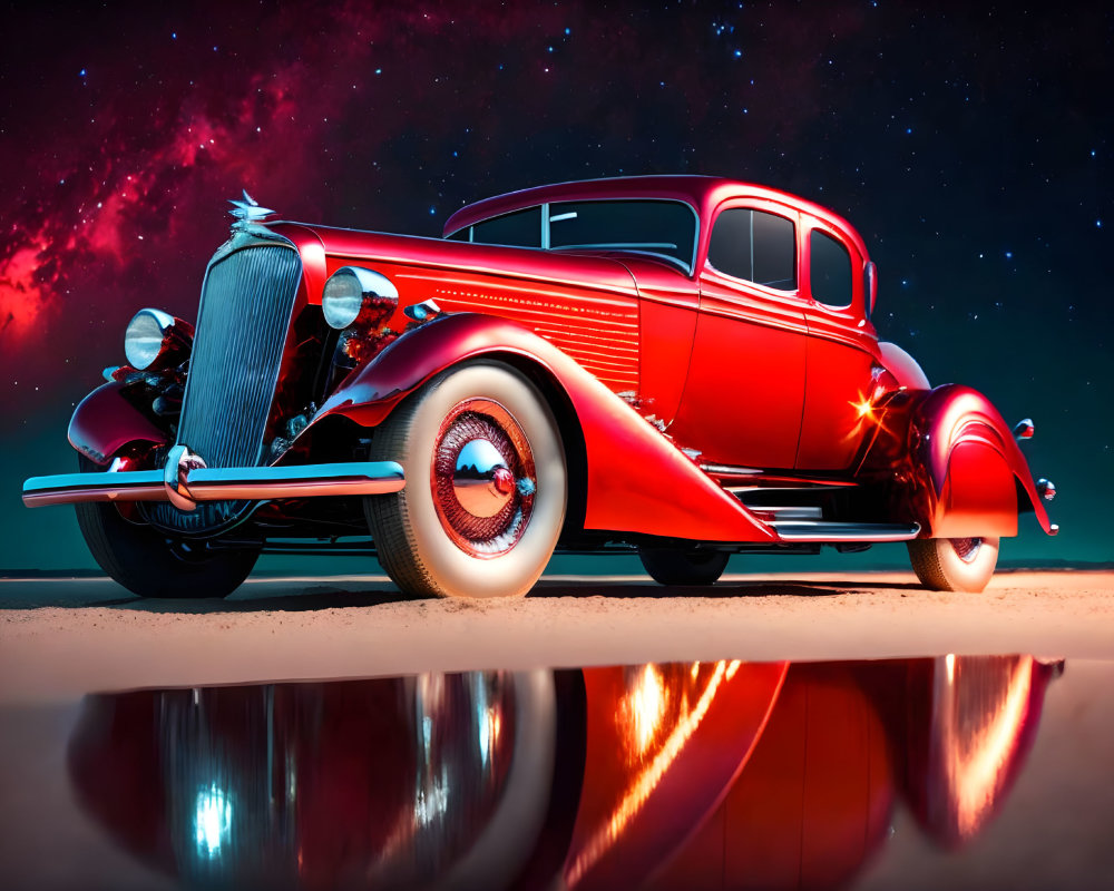 Classic Red Car Parked Under Starry Night Sky with Chrome Details