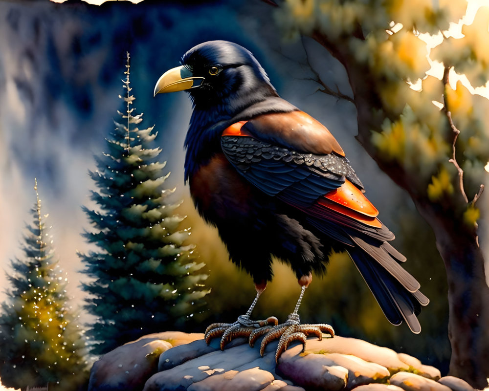 Black bird with orange accents perched on rock amidst pine trees