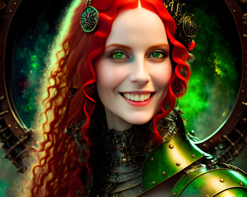 Digital portrait of a woman with red curly hair, emerald eyes, in fantasy armor with cosmic backdrop