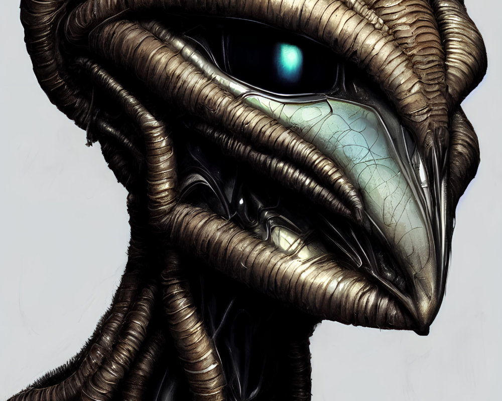 Detailed xenomorph head and neck with biomechanical textures and blue eye