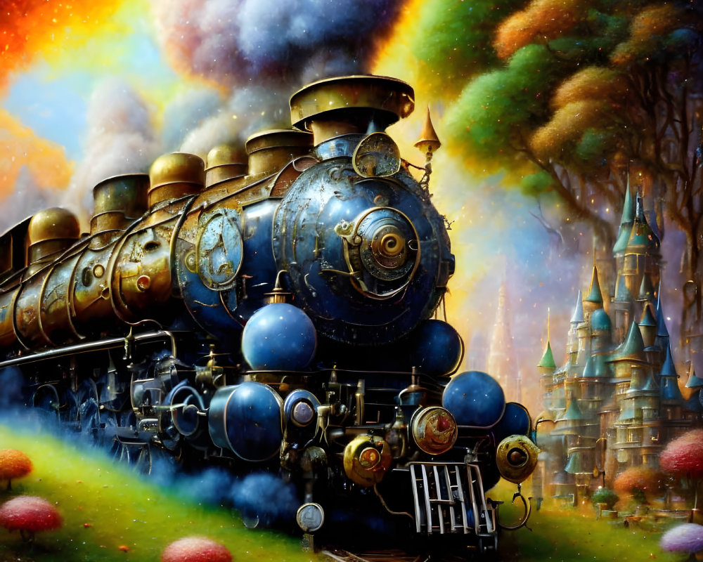 Colorful Steam Locomotive Racing Through Whimsical Landscape