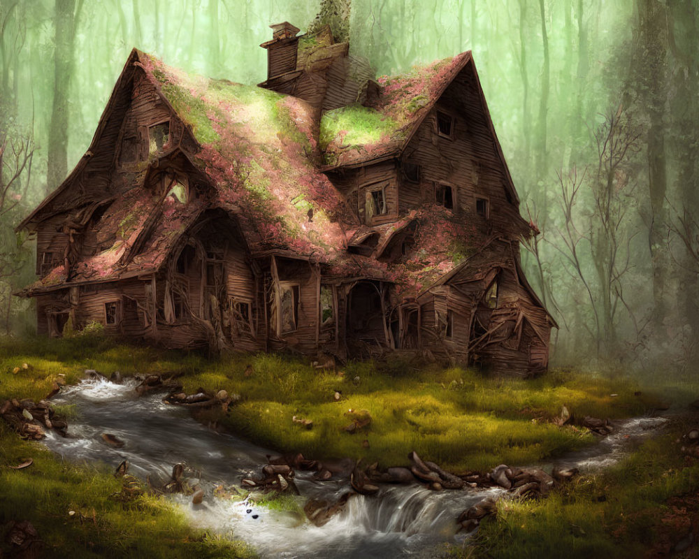 Dilapidated wooden house in mystical forest with stream