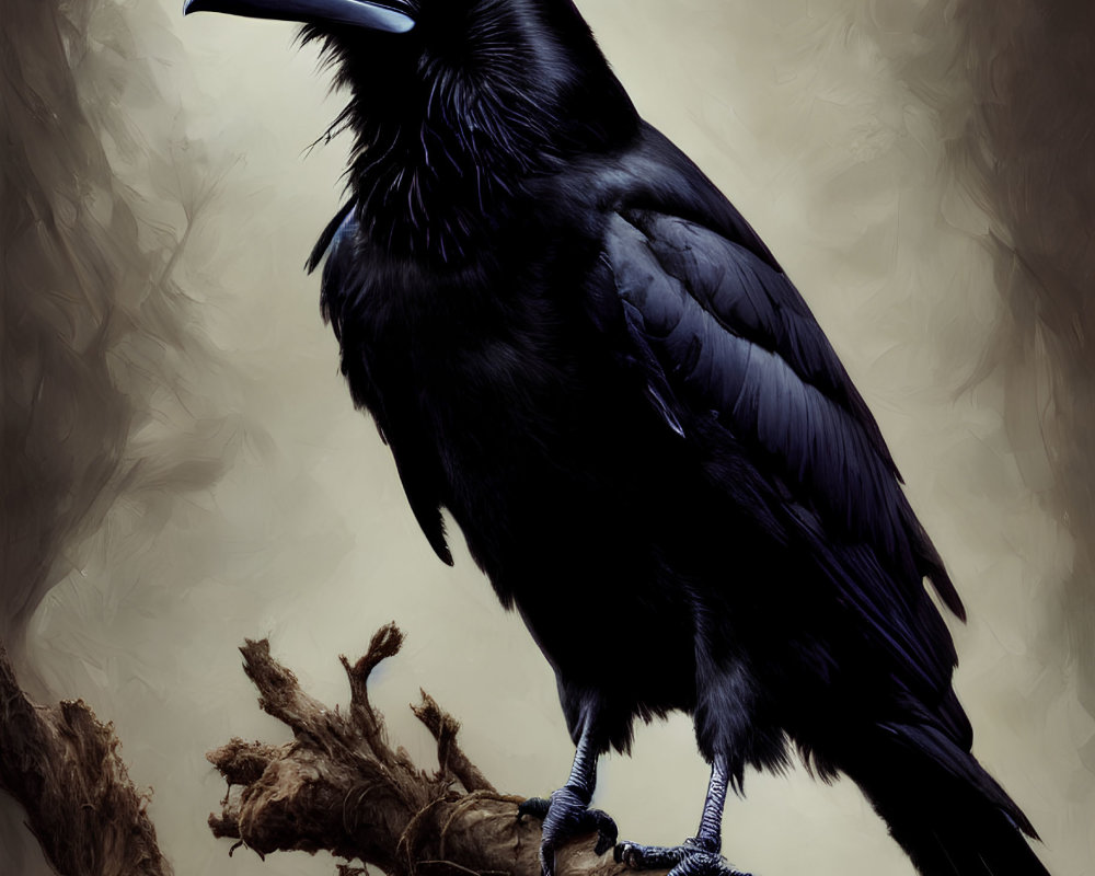 Realistic Raven Illustration on Gnarled Branch