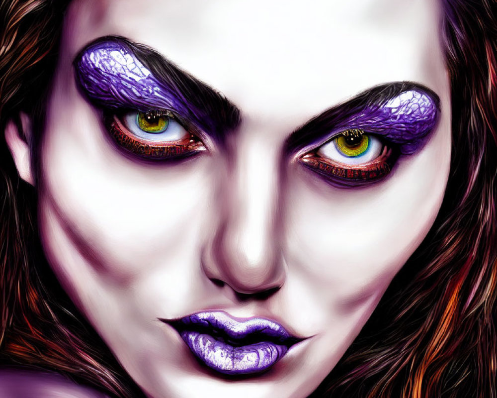 Digital artwork featuring woman with yellow eyes, purple makeup, and unique skin tones
