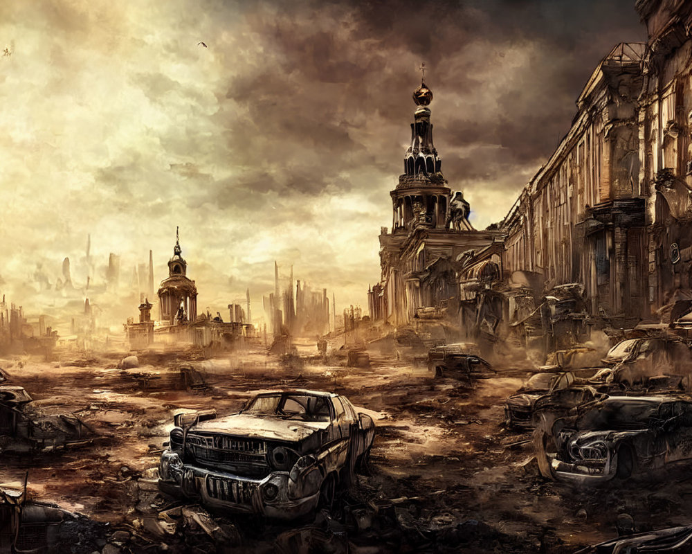 Desolate post-apocalyptic cityscape with abandoned buildings and vehicles