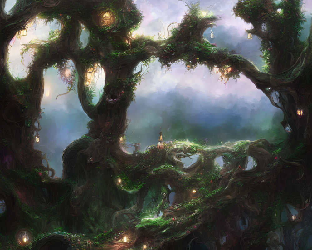 Enchanting forest with twisted trees, glowing orbs, and mystical sky