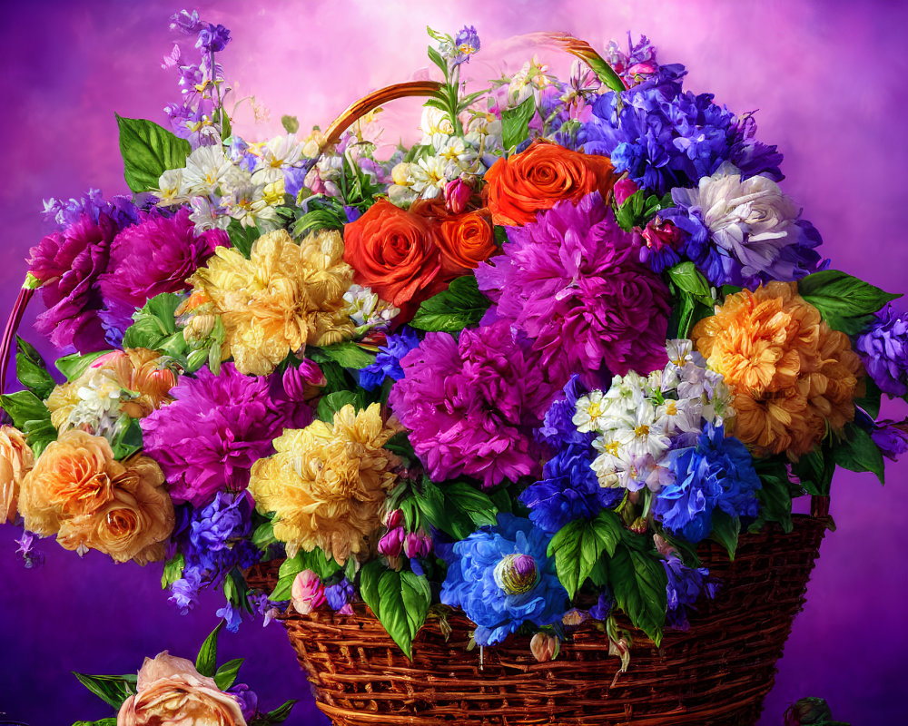 Colorful Mixed Flower Bouquet in Wicker Basket on Purple Background