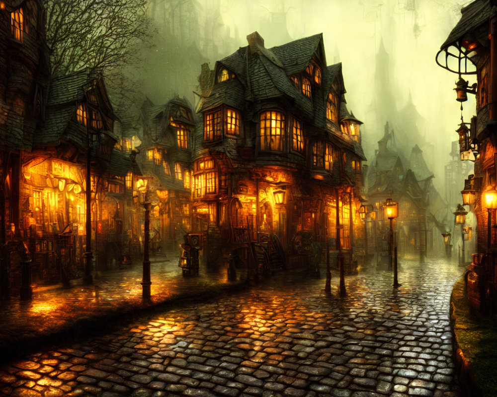 Historical cobblestone street with lanterns and foggy glow