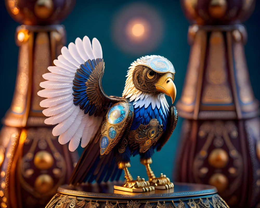 Detailed eagle artwork with gold and blue patterns on chess-themed background
