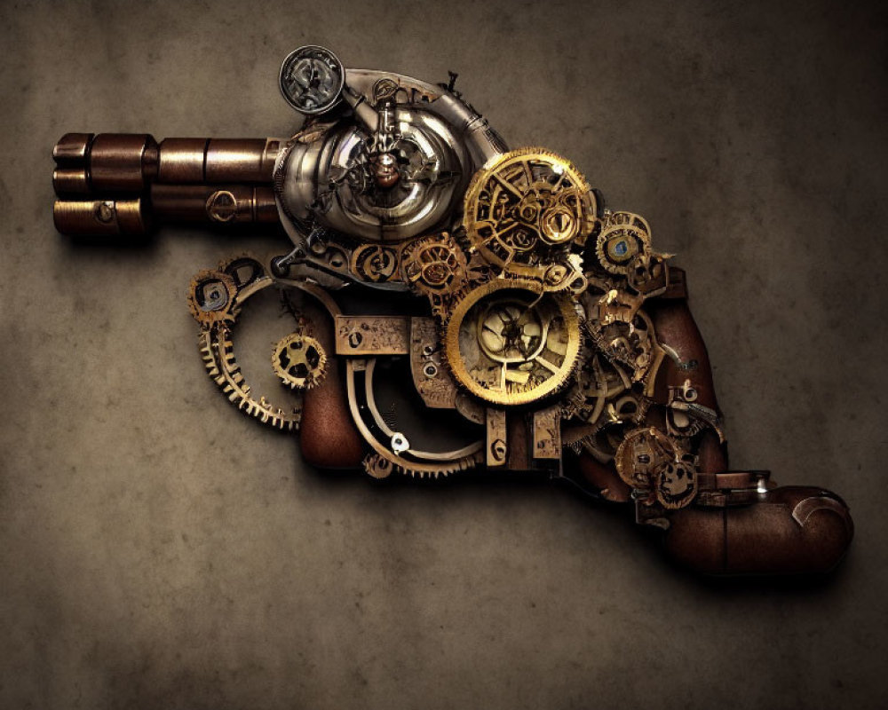 Steampunk-style gun with gears and cogs on dark background