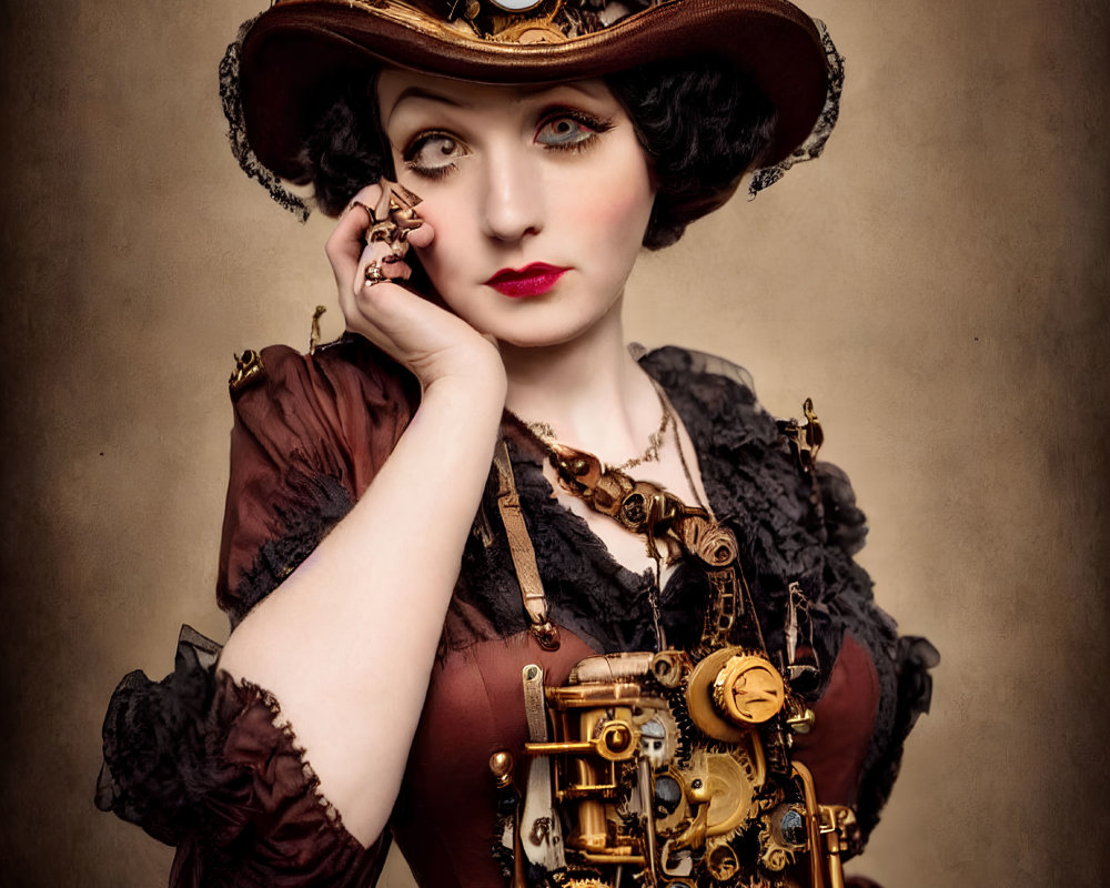 Steampunk-themed woman with gear-adorned hat and mechanical accessories posing thoughtfully