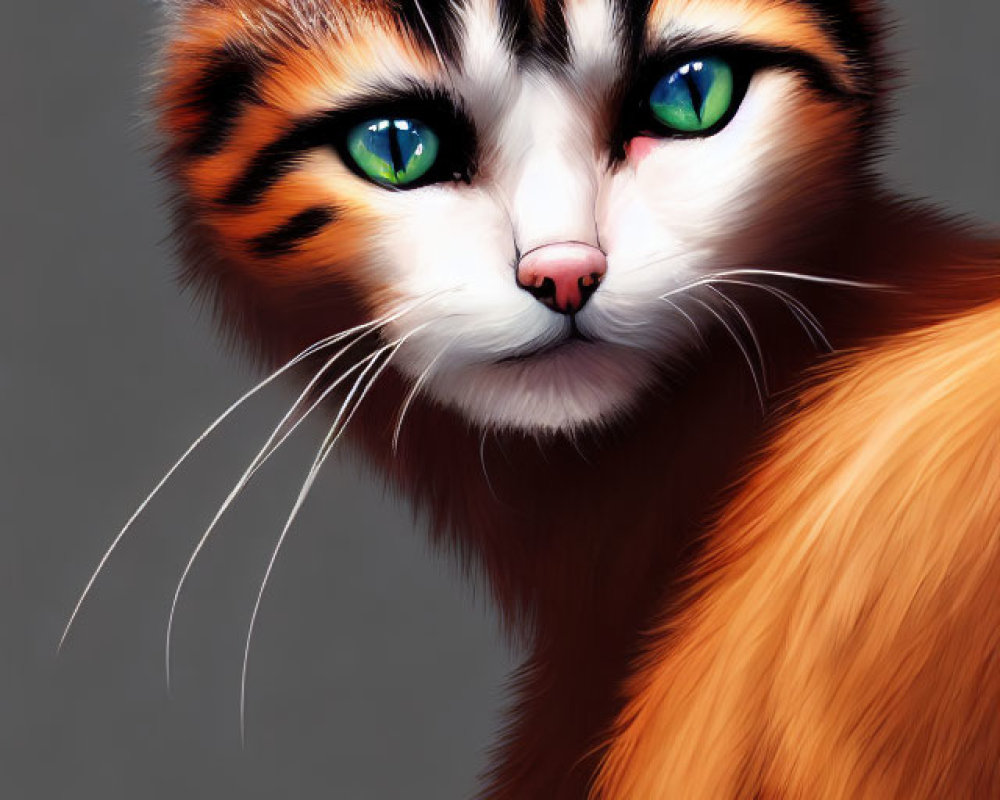 Detailed Digital Illustration of Orange-Striped Cat with Green Eyes