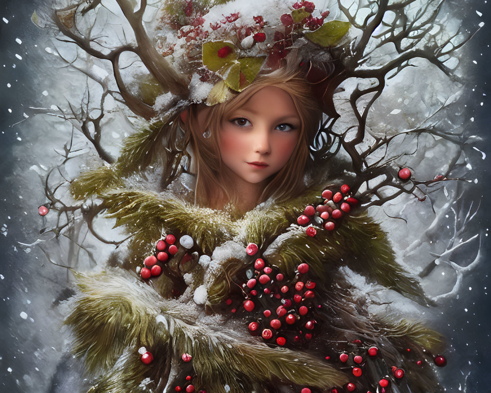 Young girl adorned with winter-themed nature elements like red berries and snow in attire and hair, emitting mystical