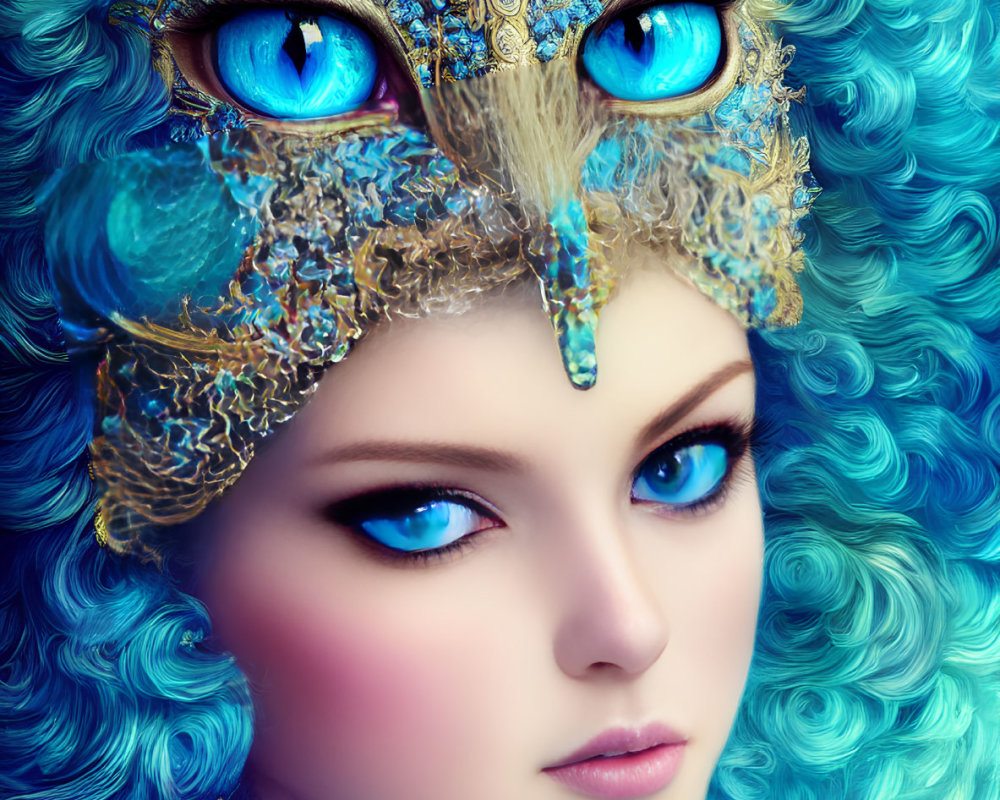 Vivid blue hair and eyes person in gold and blue cat mask