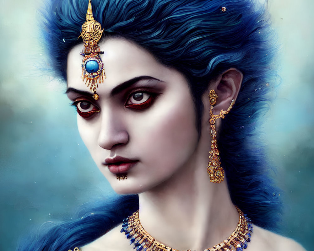 Illustration: Woman with Blue Hair and Red Eyes in Ornate Gold Jewelry on Soft Blue Background
