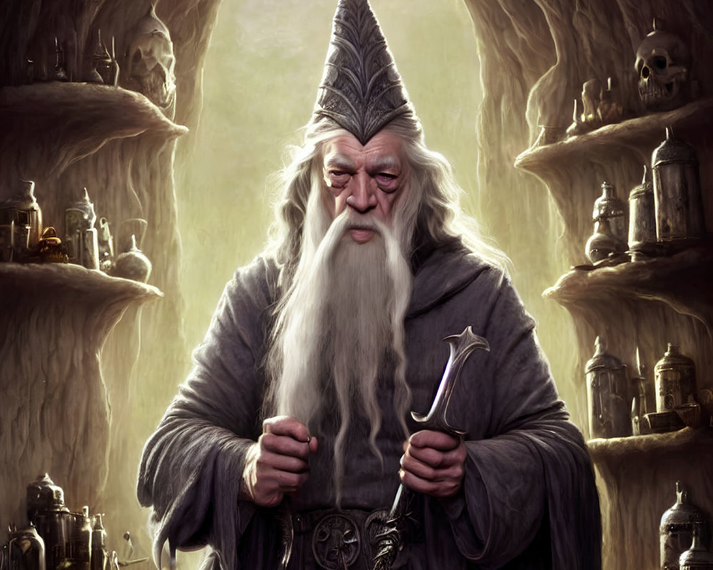 Elderly wizard with white beard in cave with skulls and potions
