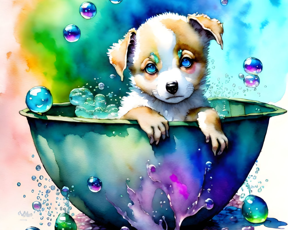 Vibrant watercolor illustration of a cute puppy in a bathtub