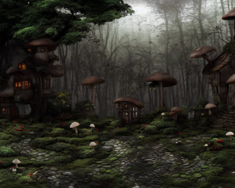 Enchanted Forest with Mushroom Houses and Cobblestone Paths