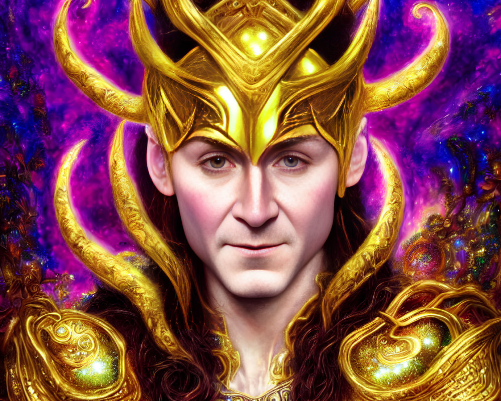 Character with Golden Crown and Armor in Colorful Cosmic Setting