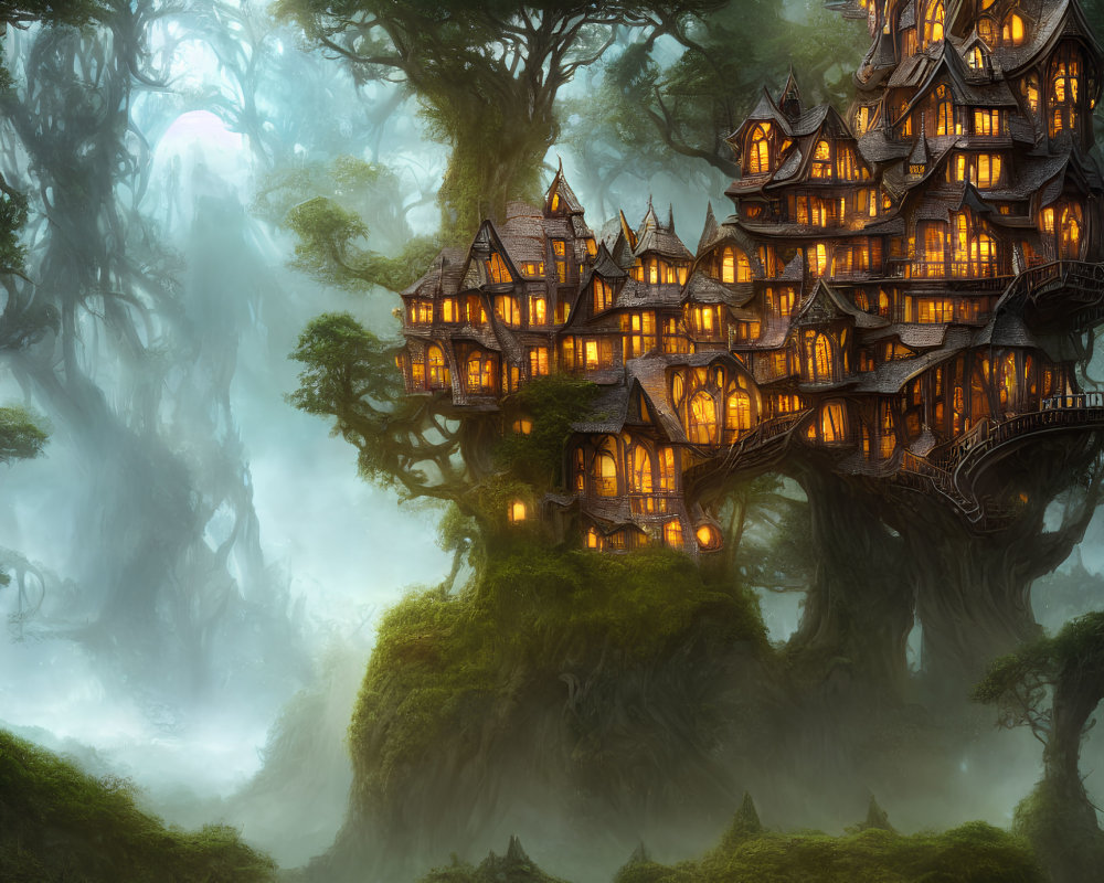 Enchanting Fantasy Treehouse in Misty Forest