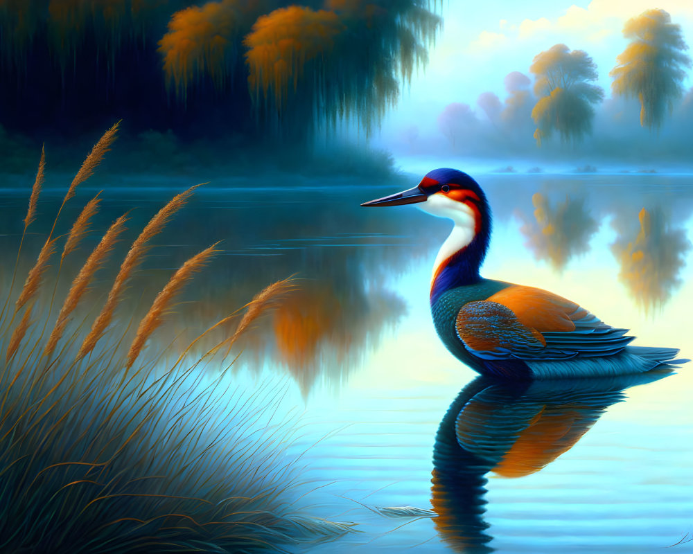 Colorful Bird on Tranquil Lake with Foliage Reflections