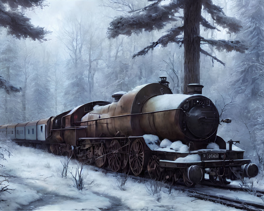 Classic steam locomotive in snowy forest with steam plumes and snow-covered trees