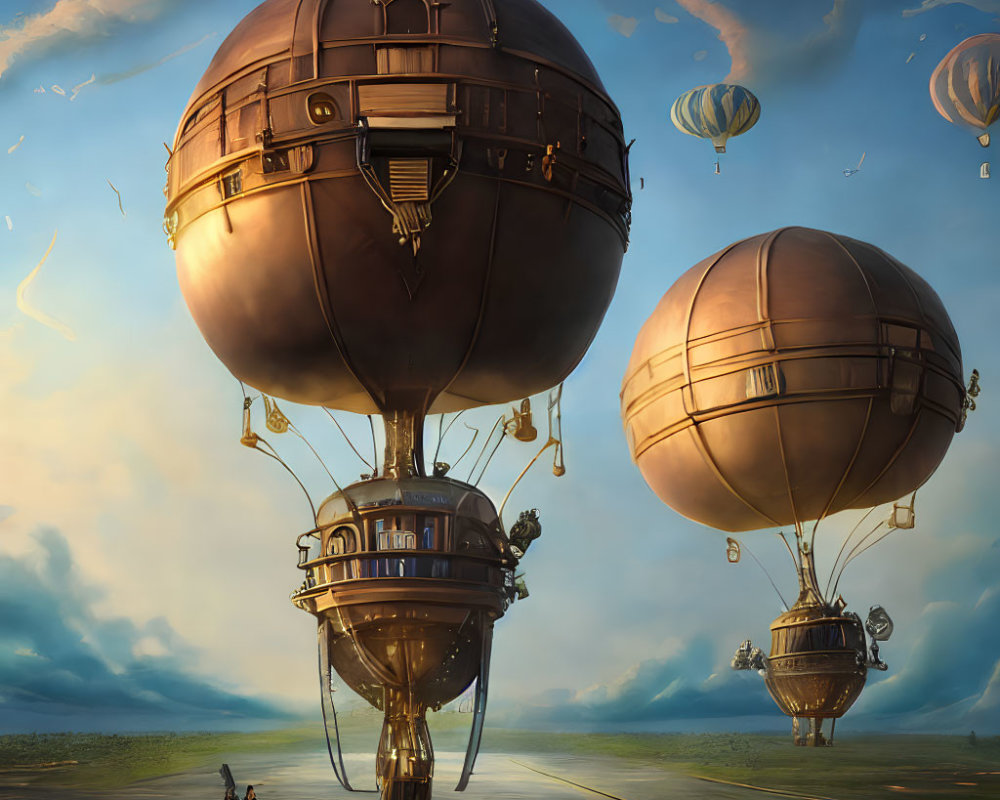 Fantasy airships in cloudy sky with figures on runway