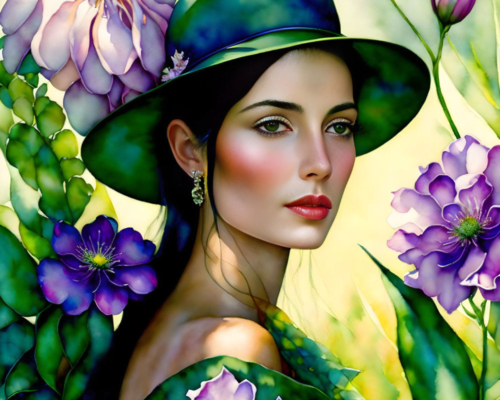 Woman in Wide-Brimmed Hat Surrounded by Vibrant Flowers