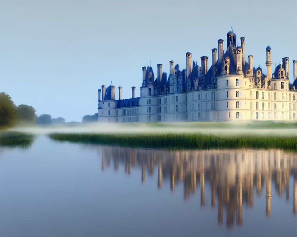 Majestic castle with spires reflected in serene river in foggy landscape