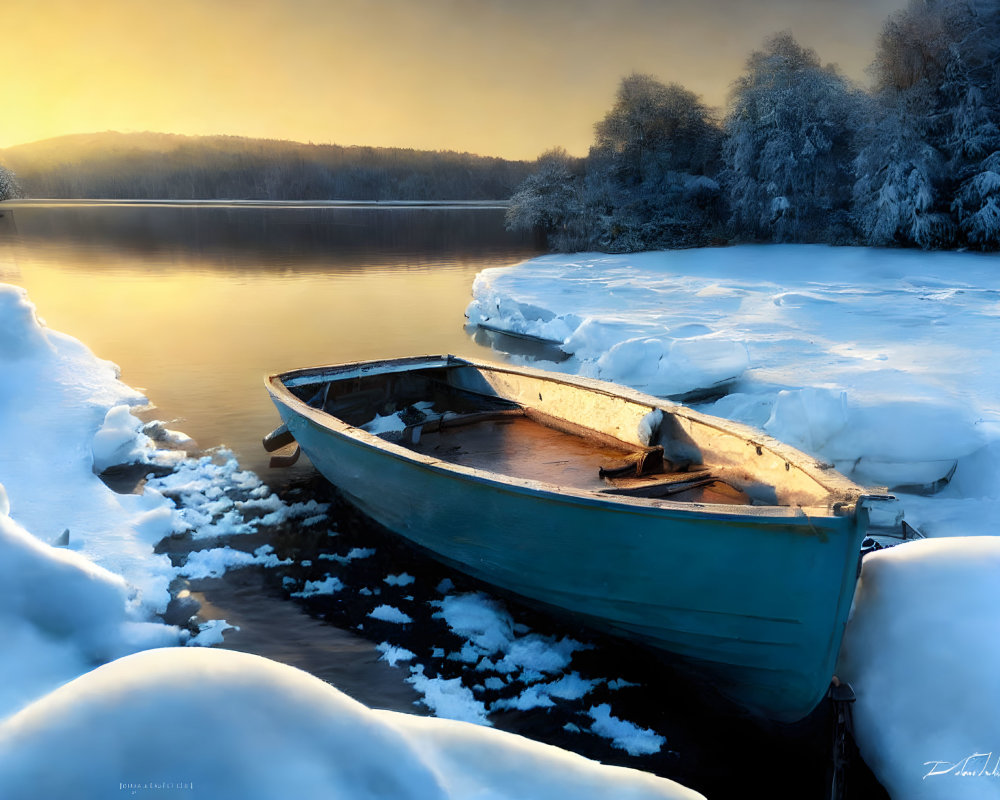 Snow-covered boat on calm lake shore in serene winter scene