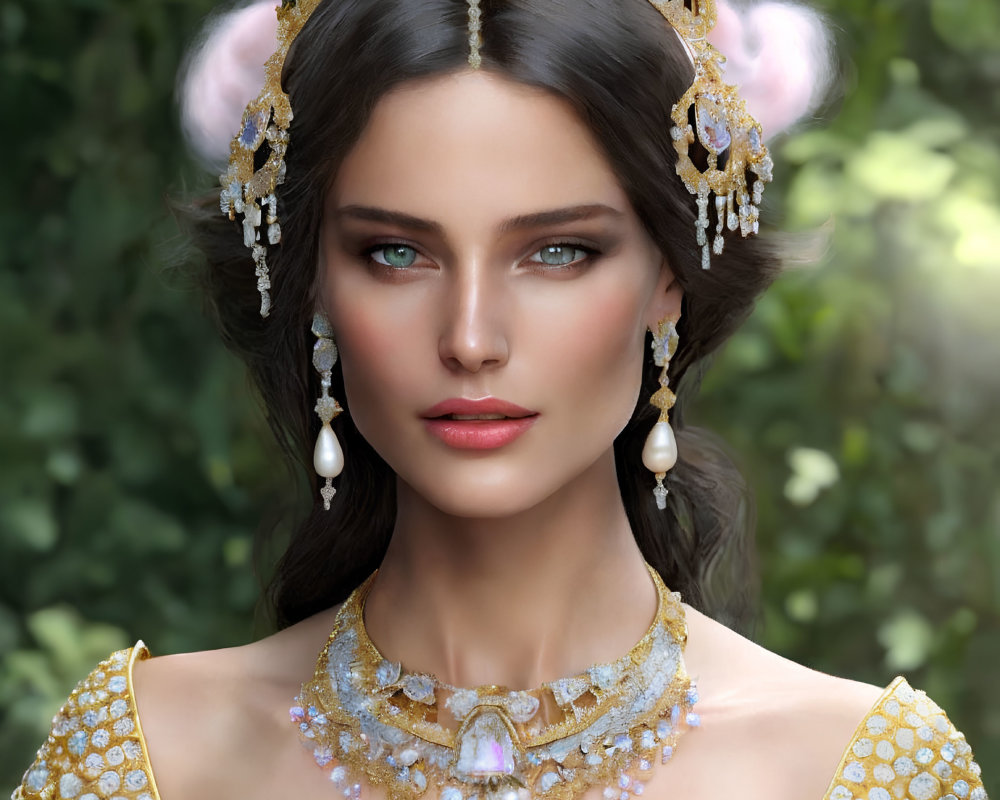 Portrait of Woman with Striking Green Eyes and Golden Crown Jewelry