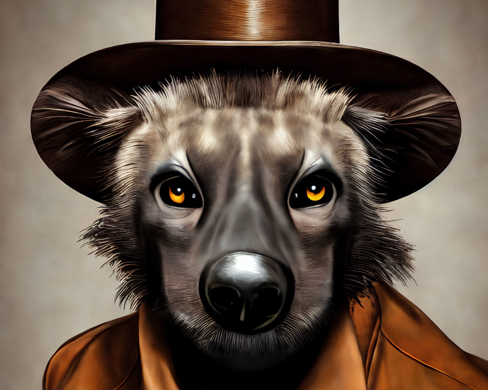 Hyena in Vintage Clothing with Top Hat and Trench Coat