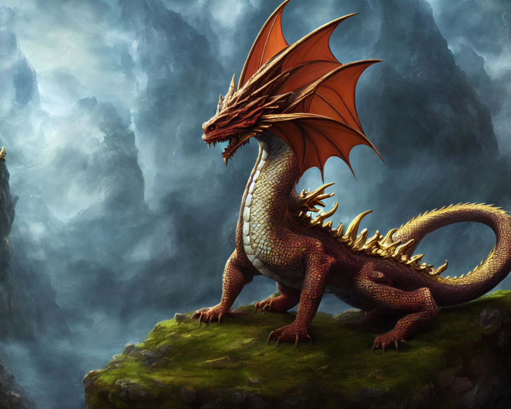 Orange-winged dragon perched on rocky outcrop in misty mountains