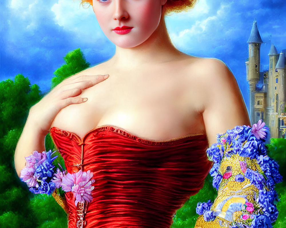 Regal woman in red dress with blue sleeves near castle under blue sky