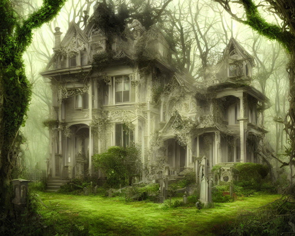 Abandoned mansion in misty forest with overgrown vegetation
