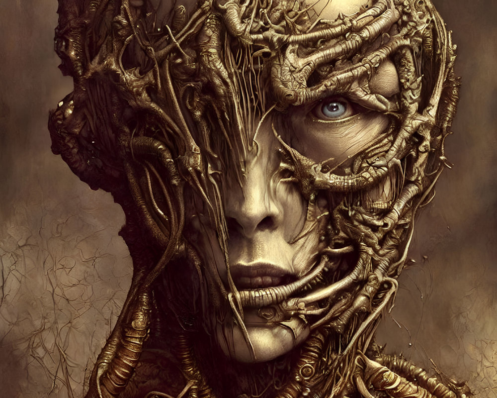 Surreal portrait with intricate vine-like structures obscuring face