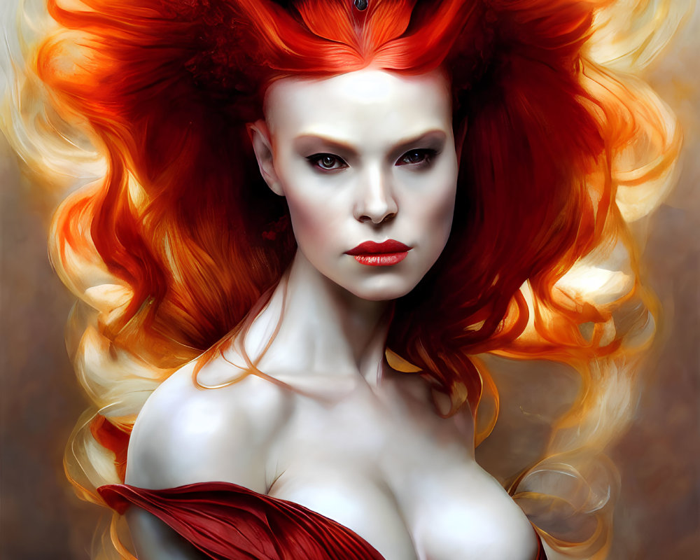 Digital Artwork: Woman with Fiery Orange Hair and Intense Eyes