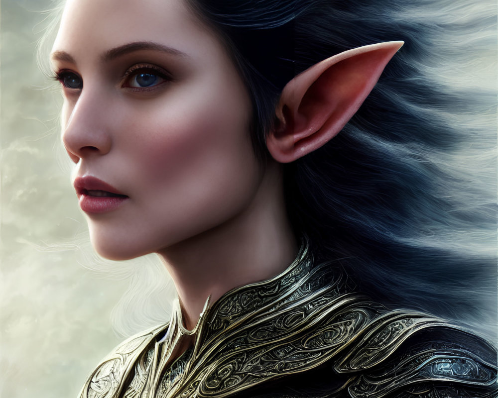 Elf portrait in ornate armor with pale skin and dark hair