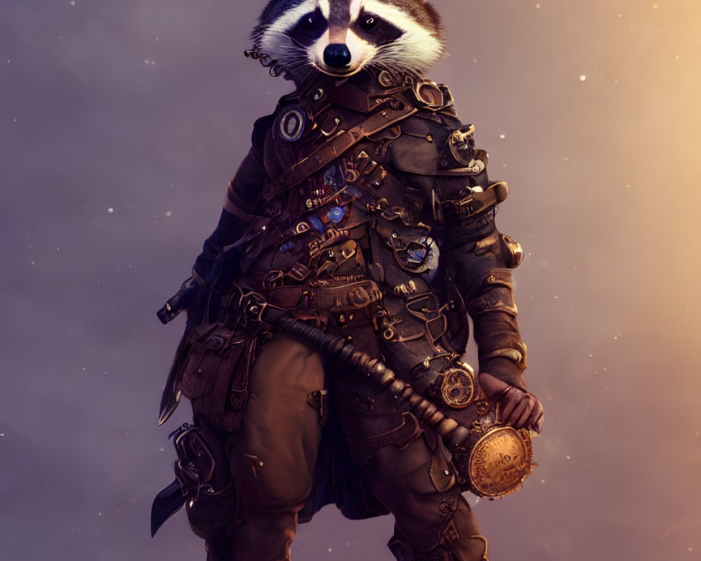 Steampunk-style anthropomorphic raccoon against starry sky
