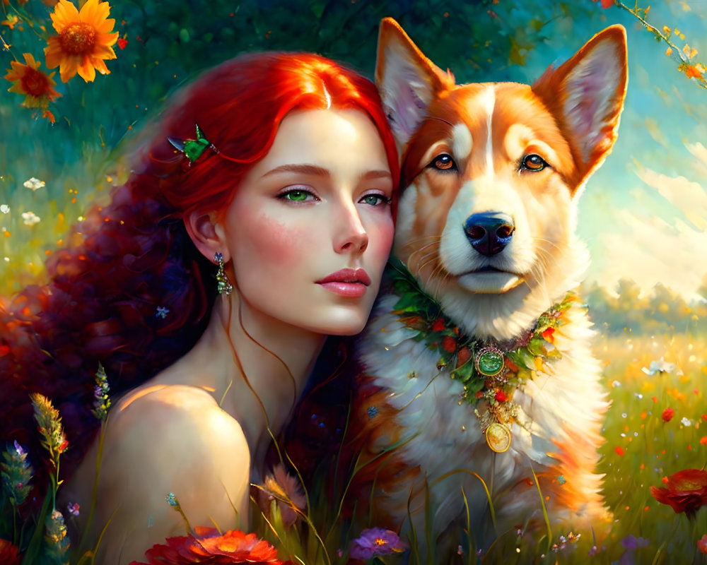 Red-haired woman and Corgi dog surrounded by colorful flowers in mystical scene