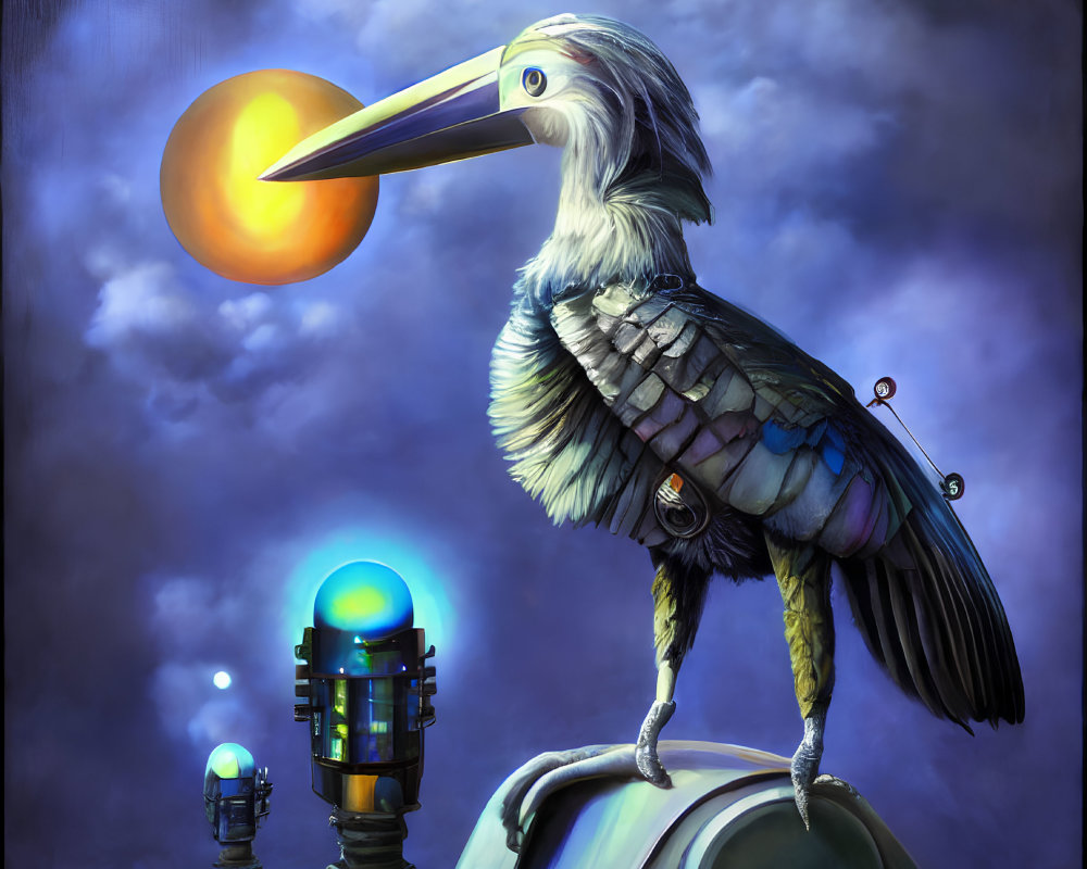 Illustration of large bird with mechanical body and glowing orb on futuristic structure