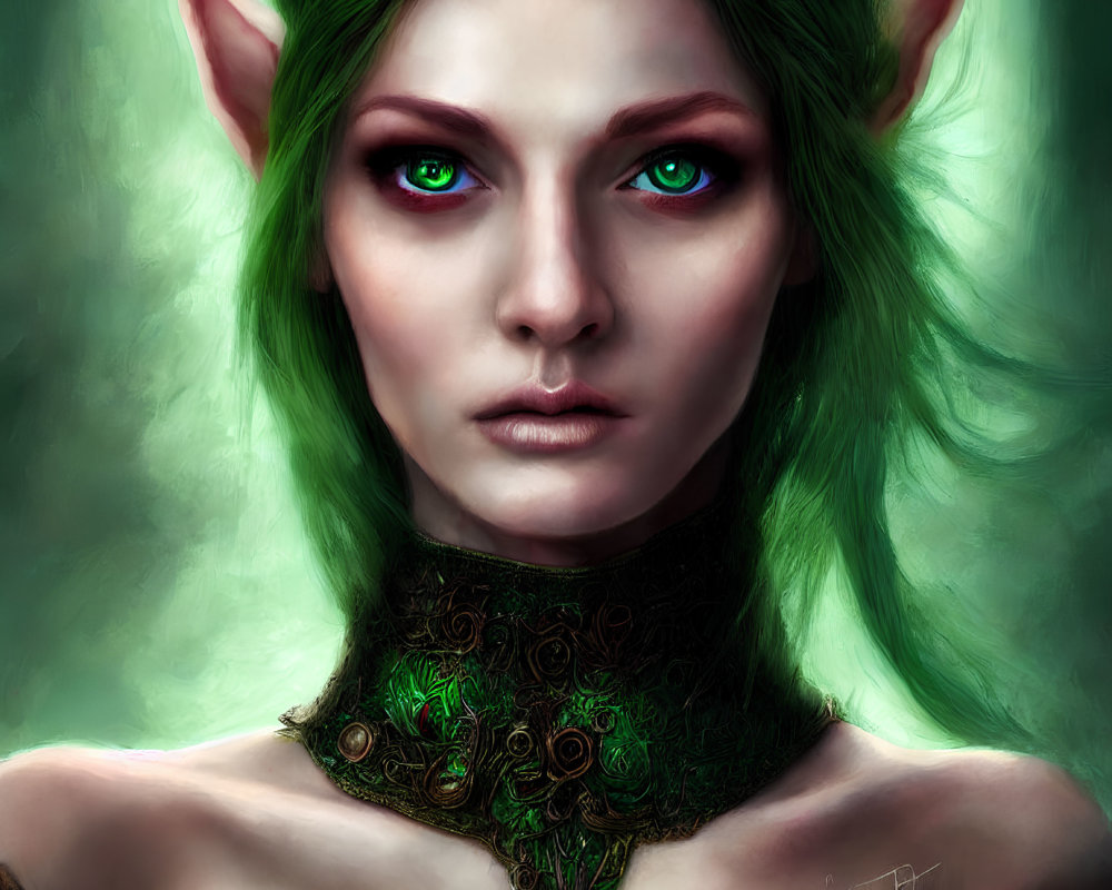 Detailed digital artwork of female elf with green eyes, pointed ears, emerald hair, and green ch
