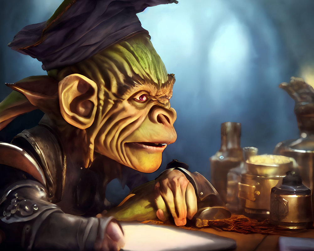 Fantasy illustration of green goblin wizard reading book
