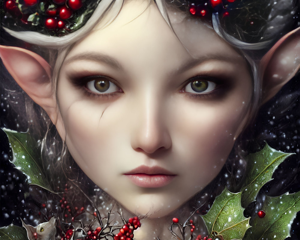 Elf digital art with holly, snowflakes, and bird