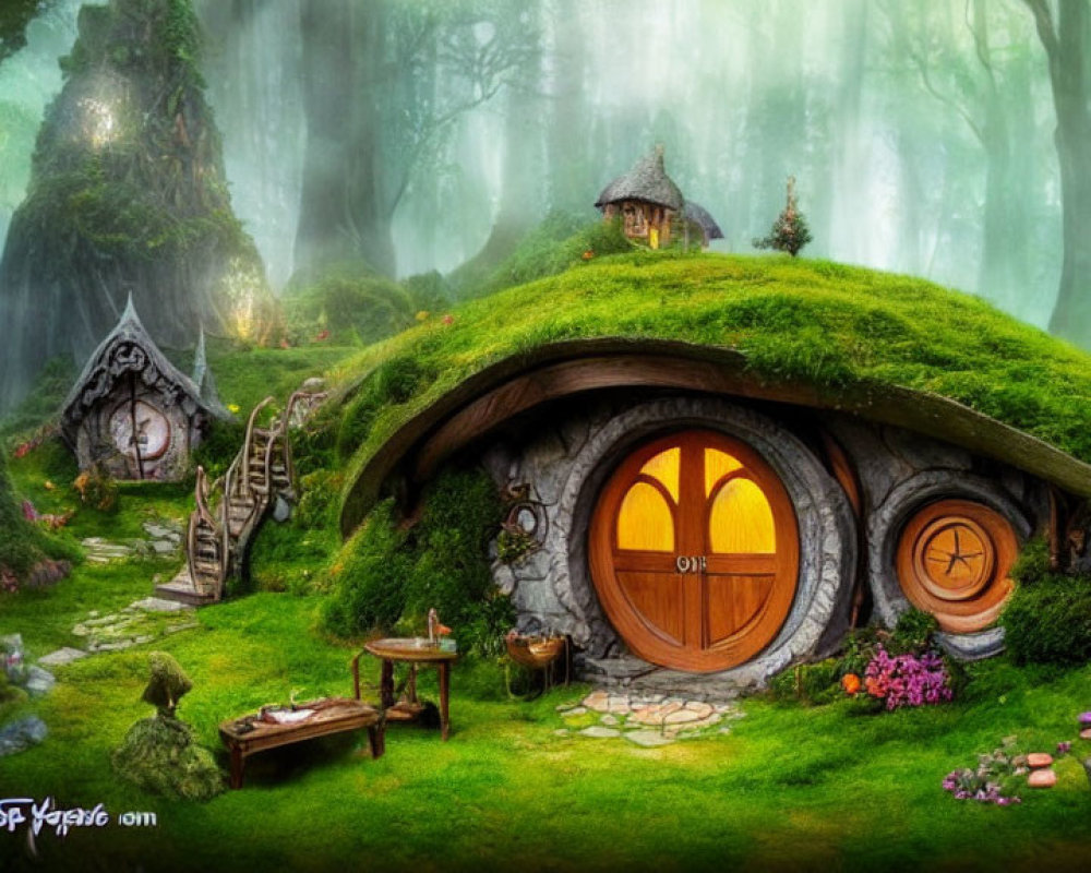 Enchanting forest scene with moss-covered hobbit-like house