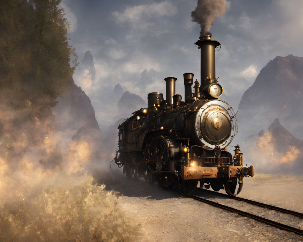 Vintage steam locomotive in misty mountain landscape with billowing smoke