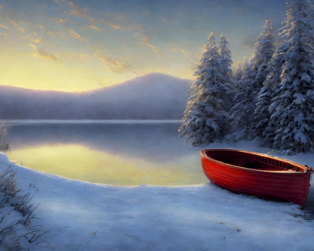 Winter landscape with red boat on snowy shore by calm lake, frosty trees, and glowing sunrise over